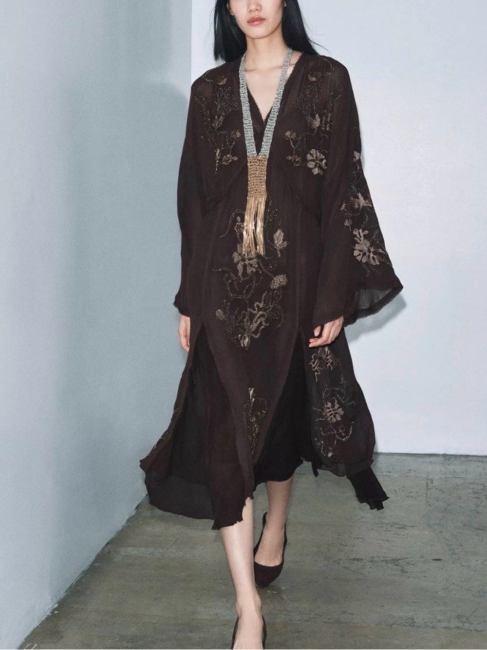 Zara ZW Collection Limited Edition Embroidered Dress Beads NWT Brown Georgette M